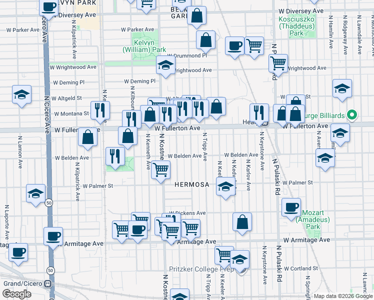 map of restaurants, bars, coffee shops, grocery stores, and more near 2331 North Lowell Avenue in Chicago