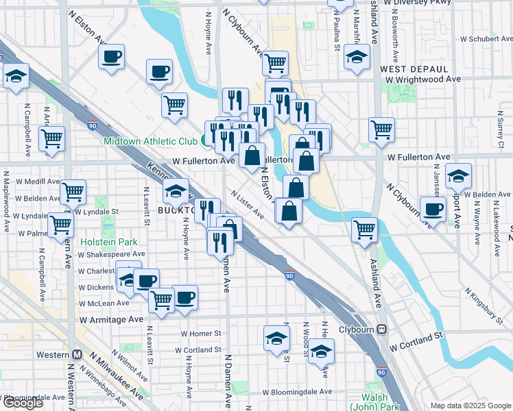 map of restaurants, bars, coffee shops, grocery stores, and more near 2305 North Lister Avenue in Chicago