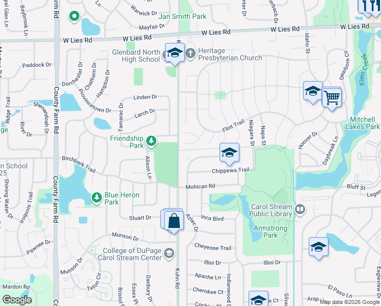 map of restaurants, bars, coffee shops, grocery stores, and more near 797 Erie Court in Carol Stream