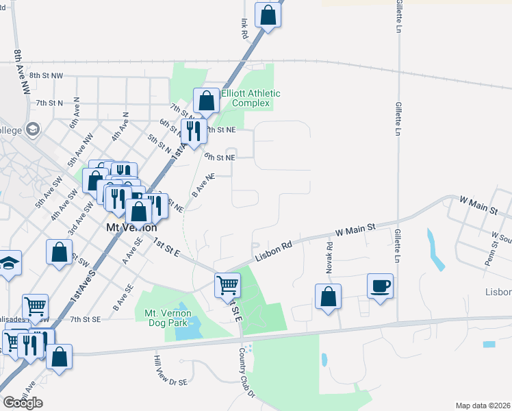 map of restaurants, bars, coffee shops, grocery stores, and more near 316 Wolfe Lane in Mount Vernon