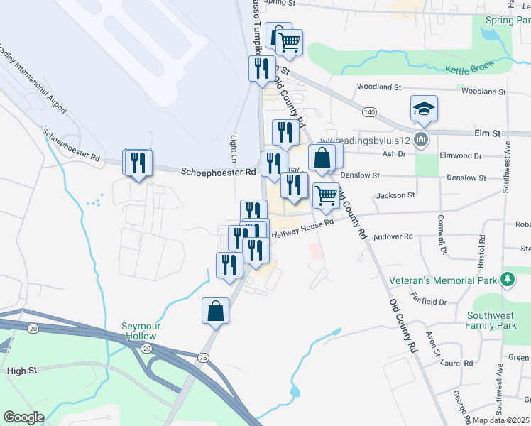map of restaurants, bars, coffee shops, grocery stores, and more near Connecticut 75 in Windsor Locks