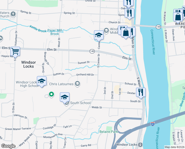 map of restaurants, bars, coffee shops, grocery stores, and more near 102 Orchard Hill Dr in Windsor Locks