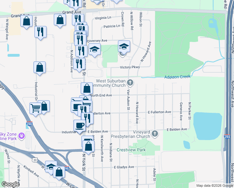 map of restaurants, bars, coffee shops, grocery stores, and more near 811 North Willow Road in Elmhurst