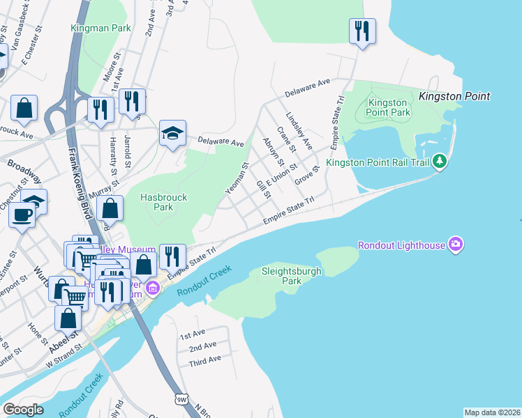 map of restaurants, bars, coffee shops, grocery stores, and more near 31 Gill Street in Kingston