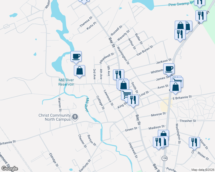map of restaurants, bars, coffee shops, grocery stores, and more near 277 Whittenton Street in Taunton