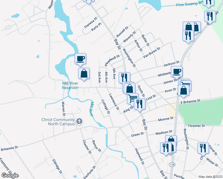 map of restaurants, bars, coffee shops, grocery stores, and more near 277 Whittenton Street in Taunton