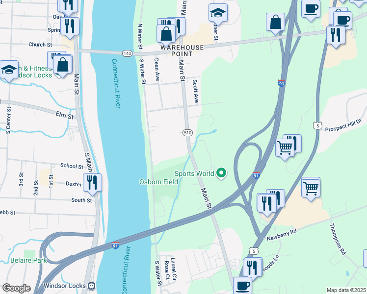 map of restaurants, bars, coffee shops, grocery stores, and more near 199 Main Street in East Windsor