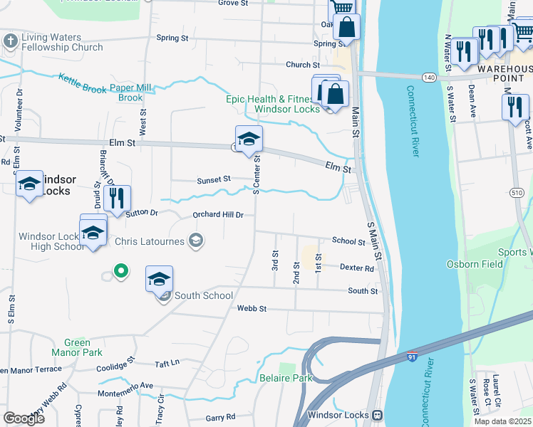 map of restaurants, bars, coffee shops, grocery stores, and more near 24 South Center Street in Windsor Locks