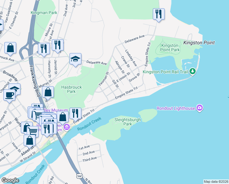 map of restaurants, bars, coffee shops, grocery stores, and more near 31 Gill Street in Kingston