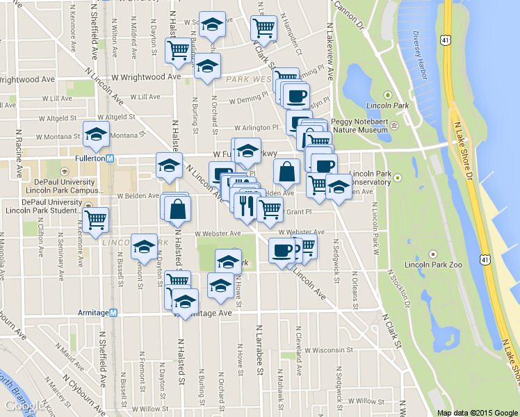map of restaurants, bars, coffee shops, grocery stores, and more near 555 West Belden Avenue in Chicago