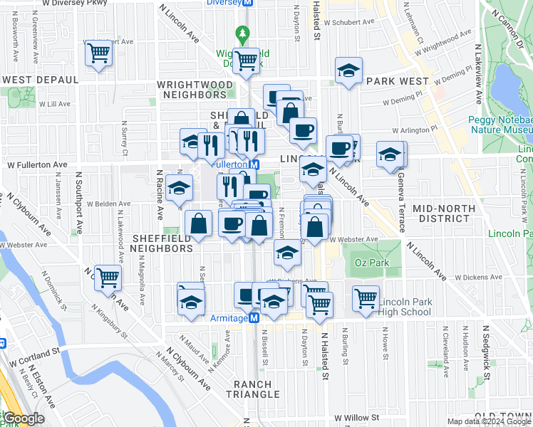 map of restaurants, bars, coffee shops, grocery stores, and more near 2254 North Bissell Street in Chicago