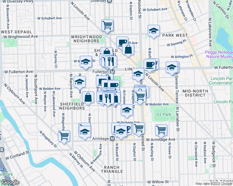 map of restaurants, bars, coffee shops, grocery stores, and more near 935 West Belden Avenue in Chicago