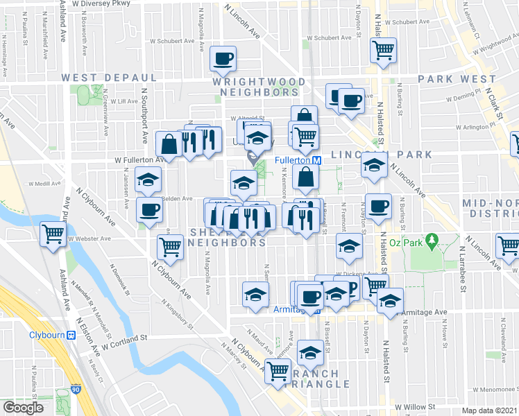 map of restaurants, bars, coffee shops, grocery stores, and more near 1125 West Belden Avenue in Chicago