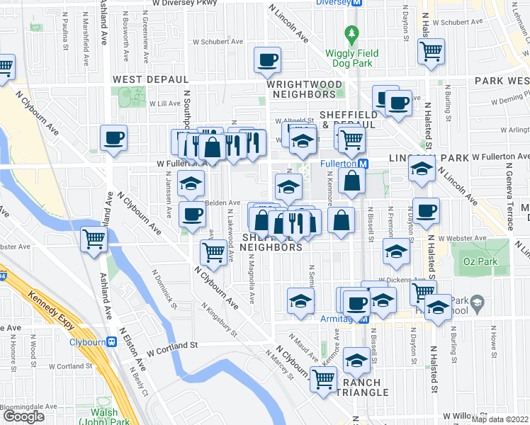 map of restaurants, bars, coffee shops, grocery stores, and more near 1201 West Belden Avenue in Chicago