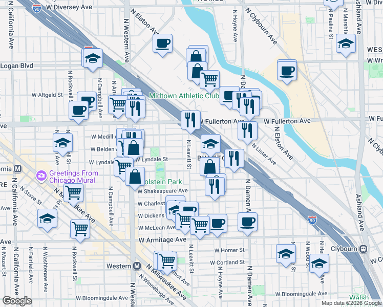 map of restaurants, bars, coffee shops, grocery stores, and more near 2327 North Leavitt Street in Chicago