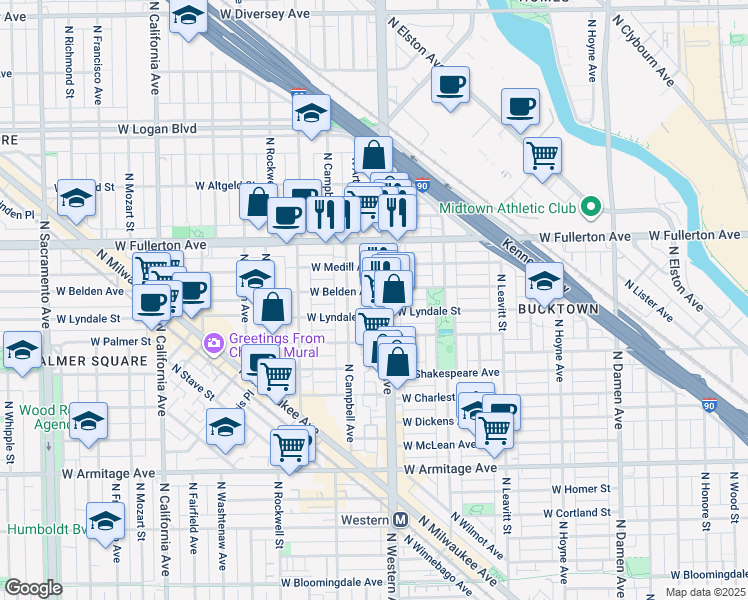 map of restaurants, bars, coffee shops, grocery stores, and more near 2420 West Belden Avenue in Chicago