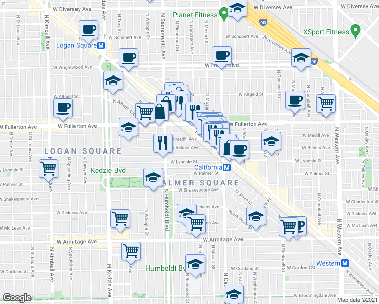 map of restaurants, bars, coffee shops, grocery stores, and more near 2910 West Belden Avenue in Chicago
