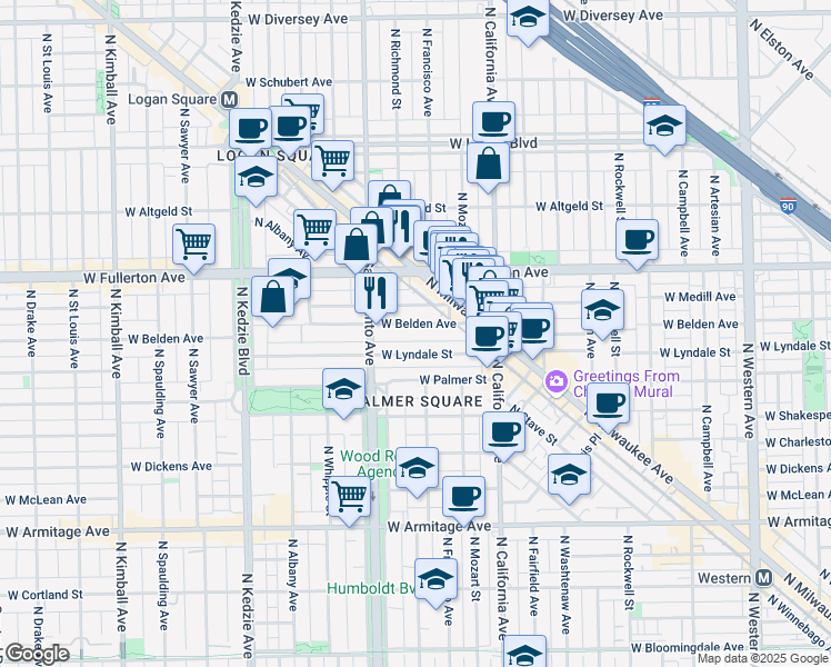 map of restaurants, bars, coffee shops, grocery stores, and more near 2910 West Belden Avenue in Chicago