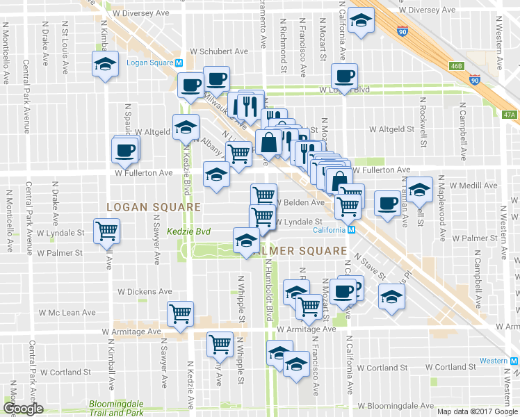 map of restaurants, bars, coffee shops, grocery stores, and more near 2955 West Belden Avenue in Chicago