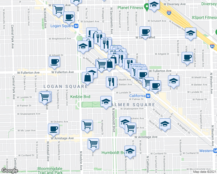 map of restaurants, bars, coffee shops, grocery stores, and more near 3030 West Belden Avenue in Chicago