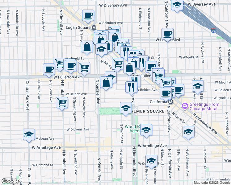 map of restaurants, bars, coffee shops, grocery stores, and more near 3116 West Belden Avenue in Chicago