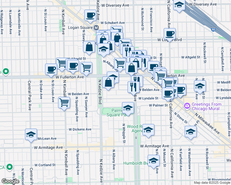 map of restaurants, bars, coffee shops, grocery stores, and more near 3116 West Belden Avenue in Chicago
