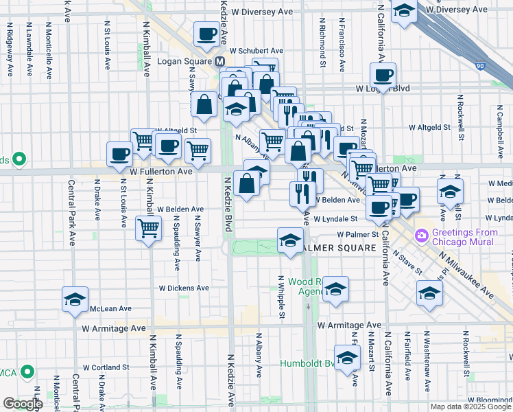 map of restaurants, bars, coffee shops, grocery stores, and more near 3116 West Belden Avenue in Chicago
