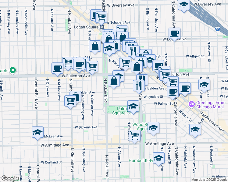 map of restaurants, bars, coffee shops, grocery stores, and more near 2315 North Kedzie Boulevard in Chicago