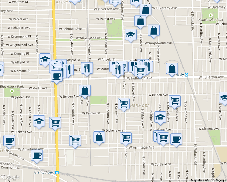 map of restaurants, bars, coffee shops, grocery stores, and more near 2330 North Kenneth Avenue in Chicago