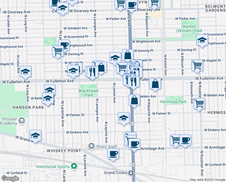 map of restaurants, bars, coffee shops, grocery stores, and more near 2337 North Lamon Avenue in Chicago