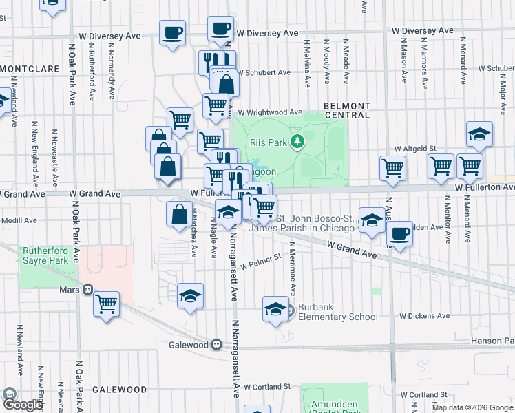 map of restaurants, bars, coffee shops, grocery stores, and more near 633 West Fullerton Avenue in Chicago