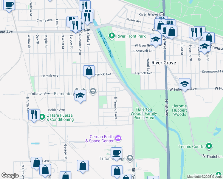map of restaurants, bars, coffee shops, grocery stores, and more near 8725 Ridge Street in River Grove