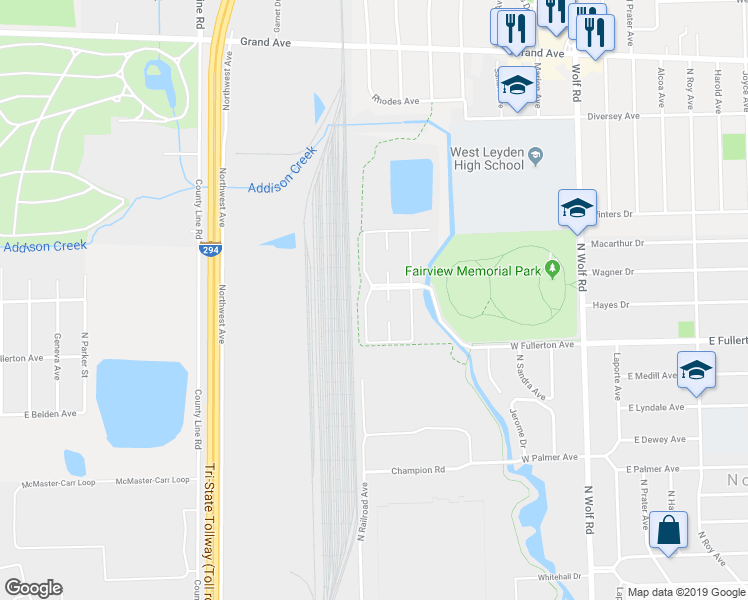 map of restaurants, bars, coffee shops, grocery stores, and more near 29 North King Arthur Court in Northlake