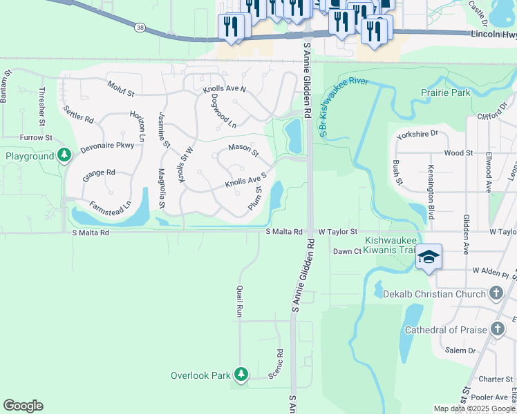 map of restaurants, bars, coffee shops, grocery stores, and more near 674 Plum Street in DeKalb