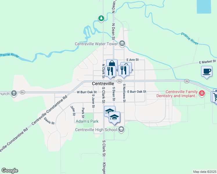 map of restaurants, bars, coffee shops, grocery stores, and more near 125 West Main Street in Centreville