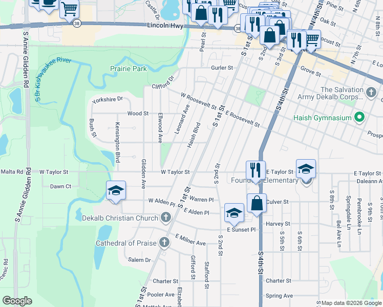 map of restaurants, bars, coffee shops, grocery stores, and more near 710 Haish Boulevard in DeKalb