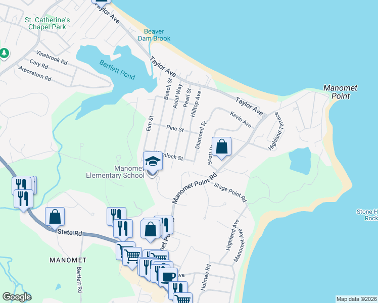 map of restaurants, bars, coffee shops, grocery stores, and more near 62 Hilltop Avenue in Plymouth