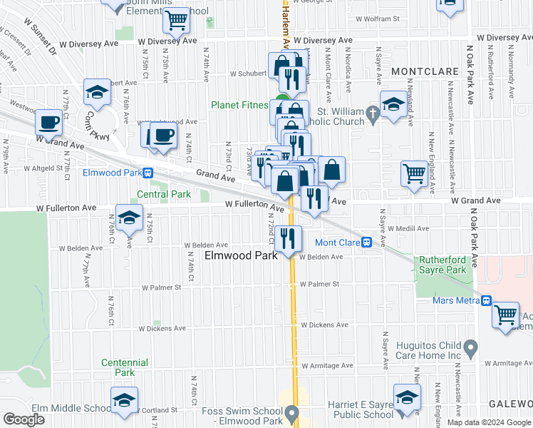 map of restaurants, bars, coffee shops, grocery stores, and more near 2336 North 72nd Court in Elmwood Park