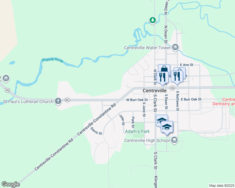 map of restaurants, bars, coffee shops, grocery stores, and more near 340 West Main Street in Centreville