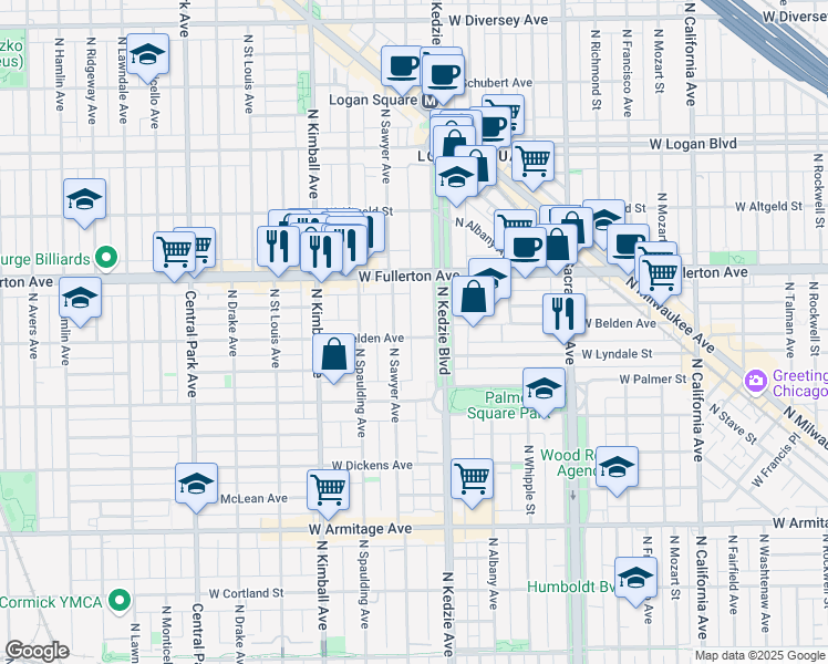 map of restaurants, bars, coffee shops, grocery stores, and more near 2300 North Kedzie Boulevard in Chicago