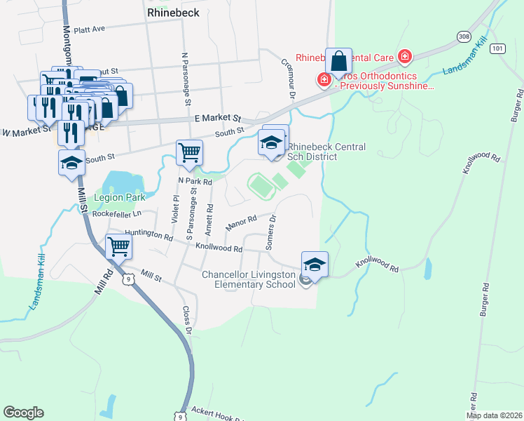 map of restaurants, bars, coffee shops, grocery stores, and more near 20 Manor Road in Rhinebeck