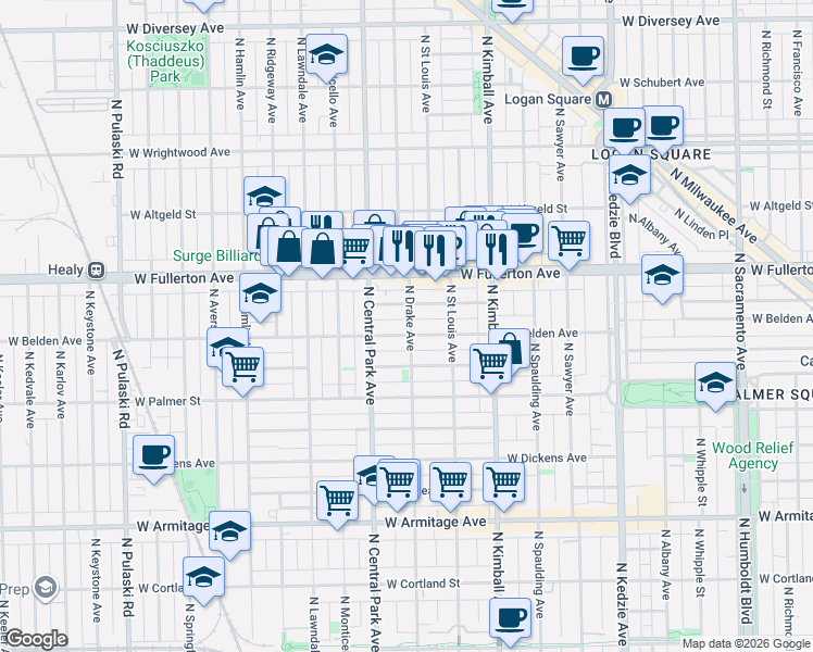 map of restaurants, bars, coffee shops, grocery stores, and more near 2322 North Drake Avenue in Chicago