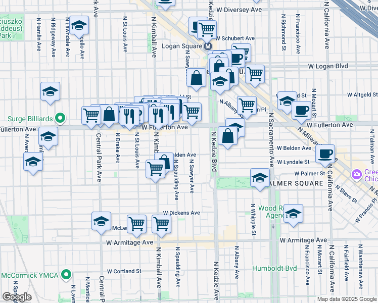 map of restaurants, bars, coffee shops, grocery stores, and more near 2128 North Sawyer Avenue in Chicago