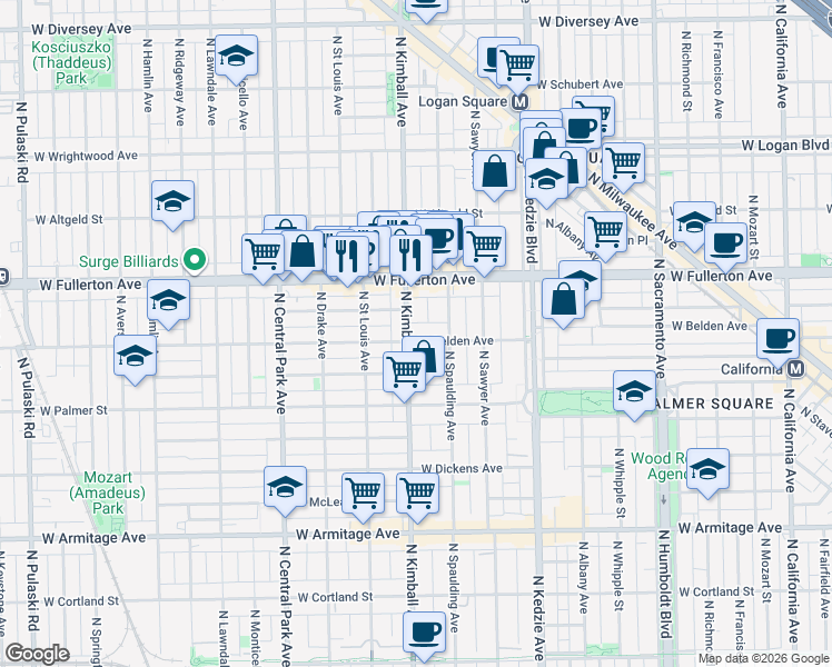 map of restaurants, bars, coffee shops, grocery stores, and more near 3330 West Belden Avenue in Chicago