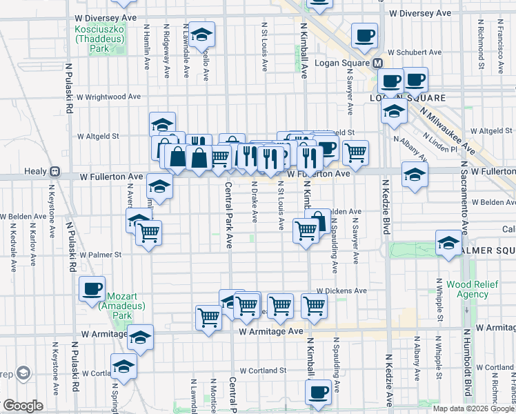 map of restaurants, bars, coffee shops, grocery stores, and more near 2322 North Drake Avenue in Chicago