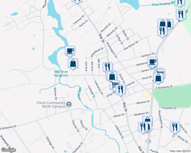 map of restaurants, bars, coffee shops, grocery stores, and more near 277 Whittenton Street in Taunton