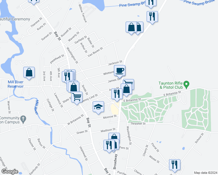 map of restaurants, bars, coffee shops, grocery stores, and more near 46R Avon Street in Taunton