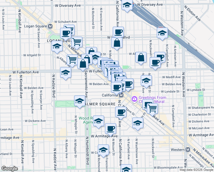 map of restaurants, bars, coffee shops, grocery stores, and more near 2845 West Belden Avenue in Chicago