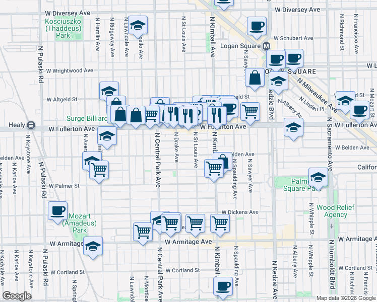 map of restaurants, bars, coffee shops, grocery stores, and more near 3503 West Medill Avenue in Chicago