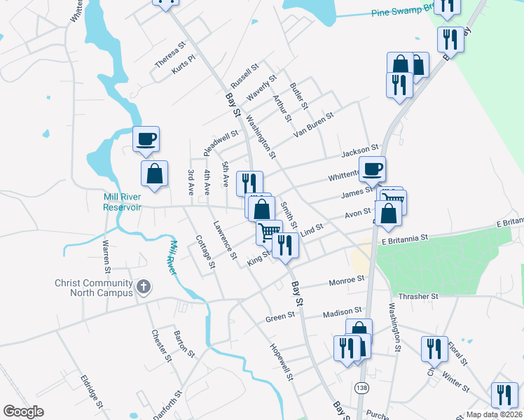 map of restaurants, bars, coffee shops, grocery stores, and more near 210 Whittenton Street in Taunton